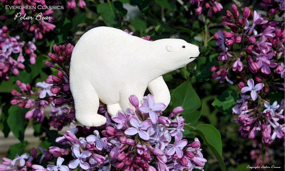 Polar Bear walking among the lavendar Lilacs.